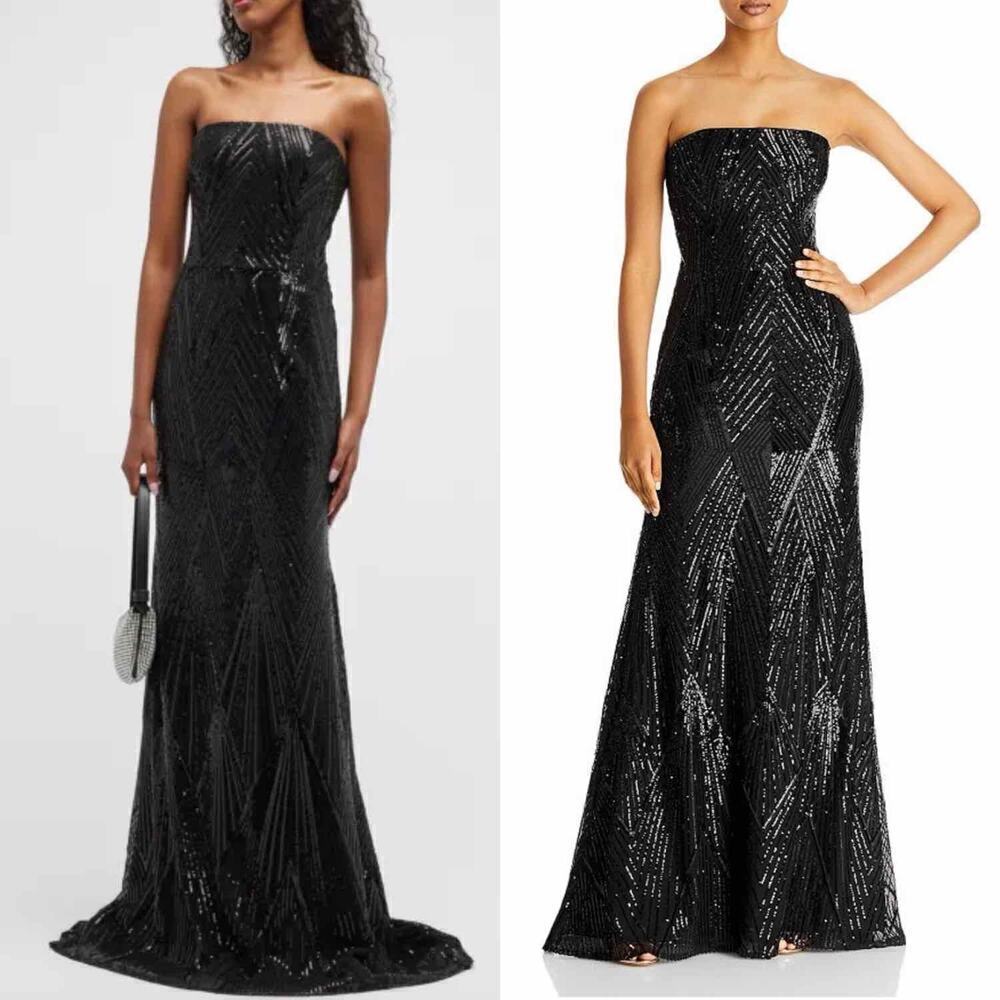 Teri Jon by Rickie Freeman Strapless Geometric Sequined Gown Black US 12 Formal - Picture 10 of 15